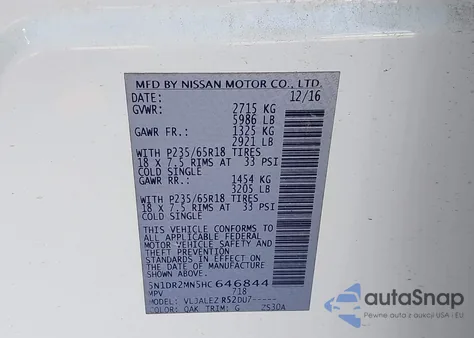 2017 Nissan Pathfinder Sv z USA, uszkodzony, nr VIN 5N1DR2MN5HC646844